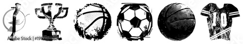 Athletic symbols including trophy, paintbrush, basketball, soccer ball, jersey with number 10, halftone style, isolated vector graphics.