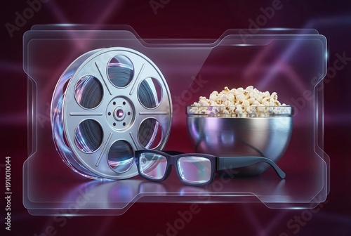 Cinema theme with film reel, popcorn and 3d glasses on glowing futuristic display