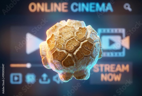 Close up of popcorn in front of an online cinema streaming interface