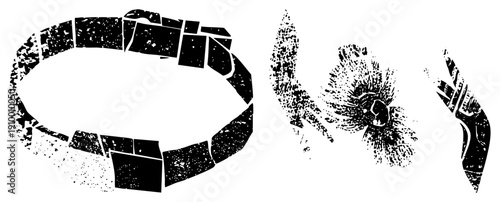 Stylized graphic with halftone texture, fragmented geometric forms, abstract composition, vector art, isolated elements, design.