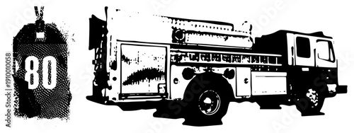 Black and white halftone fire engine, ladder truck, emergency vehicle, rescue apparatus, retro fire department, stylized emergency response, vector illustration.