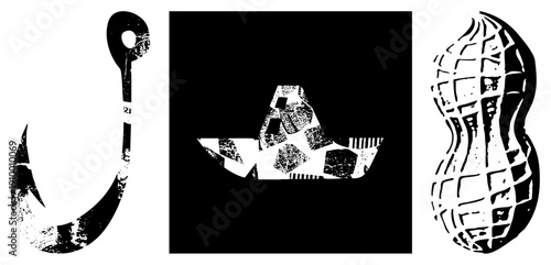 Grunge textured fishing hook, fragmented boat silhouette, detailed peanut all isolated vector graphics with distressed style.