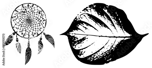 Dreamcatcher with feather charms and leaf with textured veins, both rendered in high contrast vector art, ideal for tattoo or graphic design. Also known as spirit catcher and foliage motif.