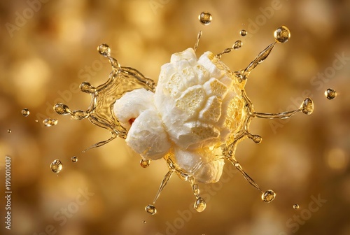 Explosion of golden liquid splashing around a fluffy popcorn kernel