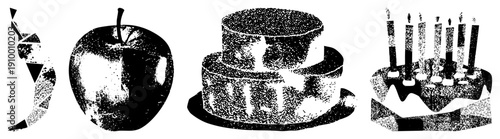 Black and white halftone vector illustrations of fruit, dessert, and celebration items. Banana,, tiered cake, candles with flame. Retro graphic design elements.