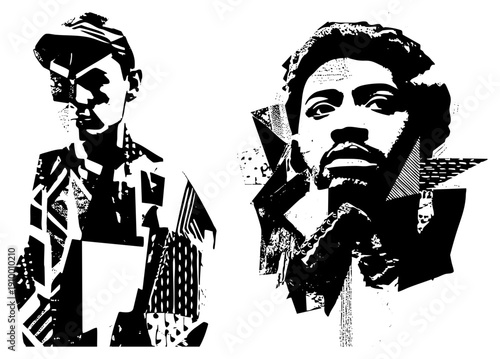 Stylized graphic portraits with halftone textures and geometric fragmentation, urban street art style, isolated vector cutouts, high contrast design.
