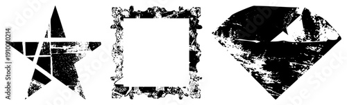 Distressed star, weathered frame border, rough cut diamond shape, vector graphics, gritty texture, stylized symbols, graphic design elements.