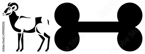 Graphic illustration of a ram and bone, symbolic animal, silhouette art, black and white vector, pet or motif, isolated glyph design.