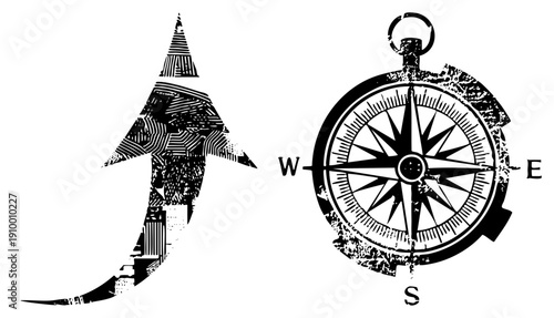 Graphic combining shark form with urban textures and classic compass rose, vector art, navigation and danger motif, stylized marine and directional symbols.