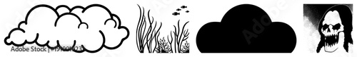 Simplified cloud shape, aquatic plants with fish, tombstone silhouette, and stylized skull with long hair all in style, isolated vector graphics.