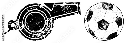 Football referee whistle with distressed texture, soccer ball with pentagonal panels, sports, black and white vector art, athletic equipment, game officiating tools.
