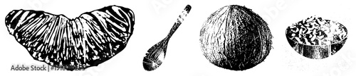 Artistic halftone rendering of baked goods and kitchen tools, including croissant, whisk, coconut, and nut bowl, stylized with bold and texture.