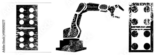 Robotic manipulator handling, mechanical arm with glyph style text, industrial automation, vector art, halftone texture, isolated foreground.