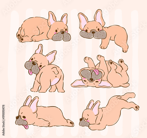 French bulldog collection set funny derp dog illustration tongue out sploot grumpy belly up hand drawn cartoon