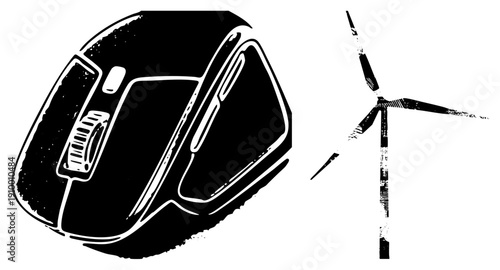 Ergonomic computer mouse with scroll wheel, wind turbine generating renewable energy, tech and sustainability, digital workspace, eco friendly design.