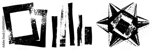 Stylized black geometric forms with grainy brush textures, isolated vector, graphic design elements, modern art composition, minimalist shapes.