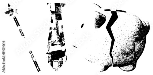 Cracked piggy bank, broken savings container, ceramic money box, financial loss symbol, halftone texture, isolated vector graphic.