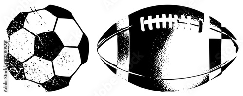 Vintage style soccer ball with hexagonal panels and football with laces, rendered in gritty halftone, ideal for sports graphics, retro branding, or athletic merchandise.