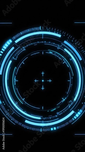 Futuristic blue glowing circular target interface with crosshair on a dark