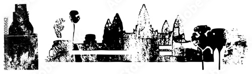 Angkor Wat temple ruins, Khmer architecture, Southeast Asian landmark, black and white vector, textured, historical site, cultural.