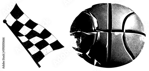 Black and white halftone checkered flag waving beside basketball, sport, racing and basketball symbols, graphic design elements, vector illustration.
