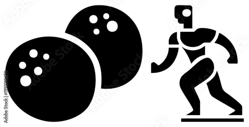 Bowler mid throw, stylized silhouette, bowling balls with finger holes, sport, vector graphic, game symbol, recreational activity.