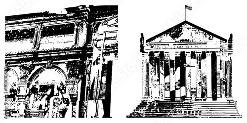 Ancient Greek temple with columns and pediment, classical architecture, stone facade, historical building, vector art, black and white, architectural sketch.