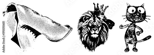 Black and white halftone art featuring a shark fin, regal lion with crown, and whimsical cartoon cat. Vintage graphic style, isolated vector elements.