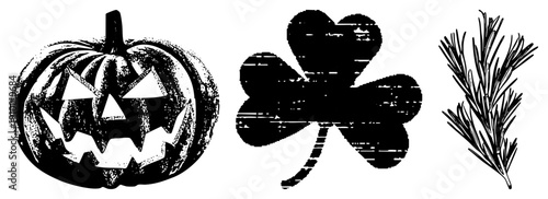 Stylized black and white Halloween pumpkin with carved face, lucky four leaf clover, and rosemary sprig, all rendered in halftone texture. Vector graphic with isolated foreground elements.