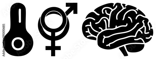 Male and female gender symbols, brain, minimalist vector set, gender representation, cognitive symbol, design elements, flat graphic assets.