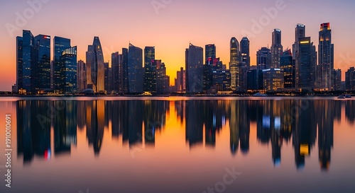 City skyline at sunset with buildings silhouetted and reflected in calm water
