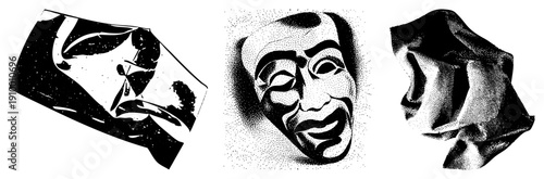 Black and white halftone vector art featuring abstract shapes, a stylized theatrical mask, and crumpled fabric texture. Flat design with dot, isolated elements, graphic illustration.