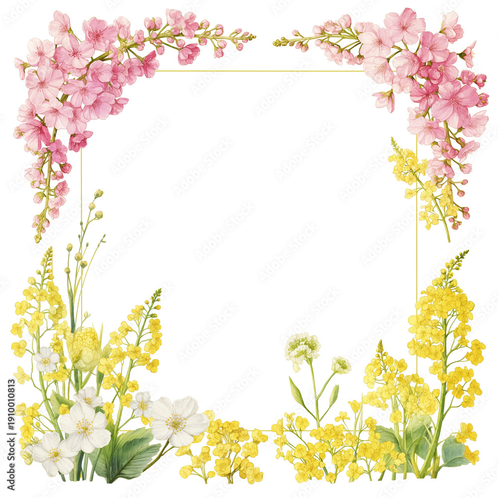 Obraz premium 可憐な春の花で縁取られた水彩風フレーム背景イラスト素材｜パンジー・チューリップ・ネモフィラ・桜など多彩な花で構成された春向け装飾