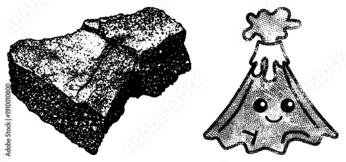 Cartoon volcano erupting with happy expression, halftone texture, geological rock sample, educational illustration, playful geology, isolated vector graphic.