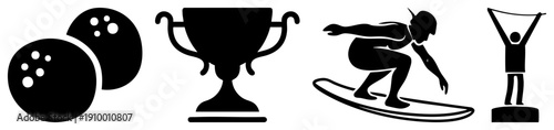 Black vector of bowling balls, trophy cup, surfer, and winner figure, minimalist style, sports and achievement symbols.
