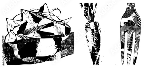 Black and white halftone stylized dessert, vegetable, and utensil, graphic design elements, food illustration, vector art, isolated objects, textures.