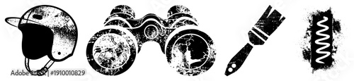 Grunge styled vector of helmet, binoculars, paintbrush, and corkscrew, distressed texture,, isolated symbols for design use.