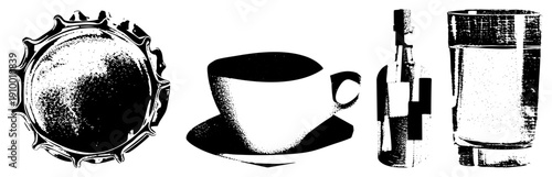 Halftone vector bottle cap, coffee cup, liquor bottle, water glass. Black & white stippling. Isolated for design.