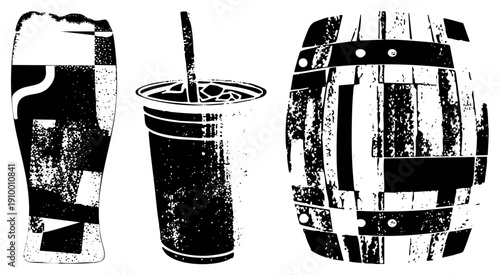 Retro styled beer glass, iced beverage cup with straw, wooden barrel, halftone texture, black and white vector art, isolated beverage.