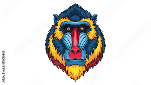 Vibrant Mandrill Head Illustration, Detailed Primate Face with Colorful Blue, Red, Yellow Fur on White Background