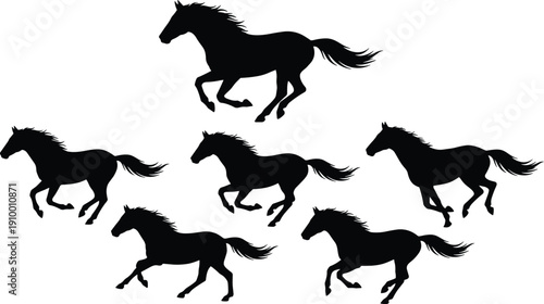 Black running horse silhouette set showing galloping equine poses isolated on white background vector illustration for wildlife sport western ranch logo design