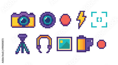 Photography icon set. Pixel, camera, lens, tripod icons in flat style collection