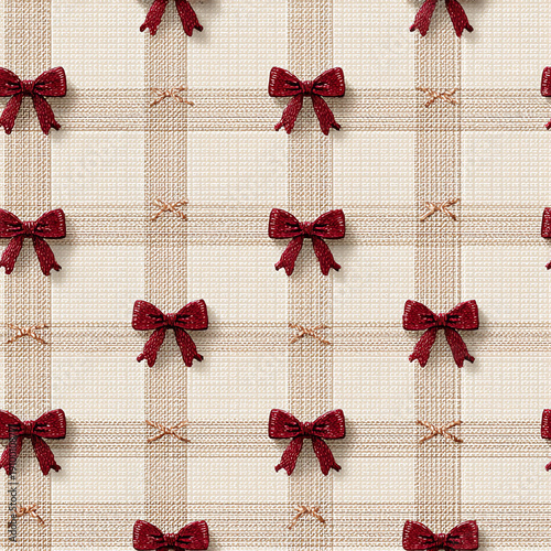 3d checkered pattern with bows, beige background, red bow, and brown knitted texture, seamless pattern.