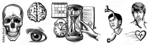 Medical and symbolic illustrations skull, brain, eye, hourglass, alarm clock, hand, pipe, man coughing, heartbeat. Black and white art, anatomical and conceptual symbols.