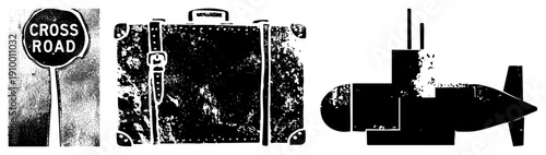 sign, travel suitcase, submarine all rendered in distressed halftone vector art. Retro travel, maritime, and road trip motifs with gritty texture.