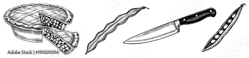 Hand drawn culinary including lattice topped pie, dried bean pods, and chef’s knife, rendered in classic engraving style for recipe or menu design.