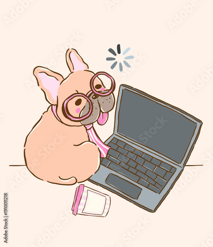 Sleepy French bulldog work from home on Laptop lazy burnt out dog cartoon hand drawn whimsical derp funny struggle illustration