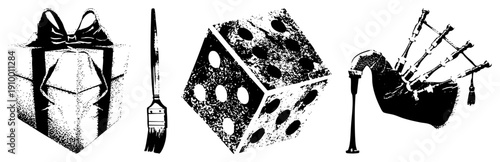 Black and white vector wrapped present, artist brush, die, bagpipe. Halftone texture, isolated symbols for design, illustration, or UI.