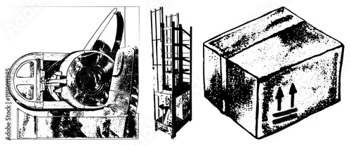 Mechanical fan with blades, forklift with forks, cardboard shipping box with arrows, technical art, warehouse logistics symbols.