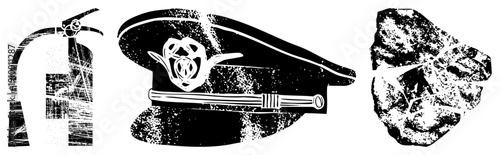 Vector of fire extinguisher, police cap with badge, and jagged stone fragment, rendered in high contrast halftone style with distressed texture, isolated elements for design use.